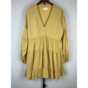 Girl And The Sun Mustard Yellow Lorey Long‎ Puff Sleeve Tiered Linen Blend Dress